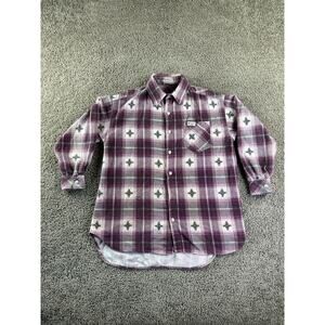 VINTAGE Guess Western Top Womens Large Purple White Flannel Button Up FLAW